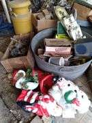 Barn: Large lot of vintage includes galvanized tubs, milk jug, tools, vintage Christmas, tins, take what you want leave the rest