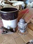 Barn  5 gallon crock, Shelton plane, arm spear lantern marked 1925