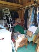 Contents of Right Garden Shed: clothing, Vintage furniture, vintage books, Glassware, shutters, hall tree, decorations, telephone chair, ladder, large lot - take what you want leave the rest.