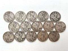 (15) Walking Liberty Half Dollars: 1917-s, 1918, 1929-d, 1938, 1939, 1940, 1941, 1942-s, (2) 1942, 1943-s, 1943, (2) 1944, 1945 - NO SALES TAX