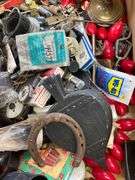 Large lot of very miscellaneous items. Keys. Accessories. Belt buckles. Film roll. Wallet. Decor. Vintage Christmas lights. Dice and much much more.