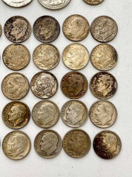 1964 and earlier American coins. (1) Franklin half dollar. (3) quarters. (36) dimes.- NO SALES TAX
