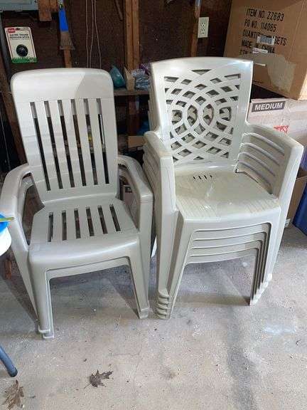 Garage. Seven plastic patio chairs. By the piece times your bid.