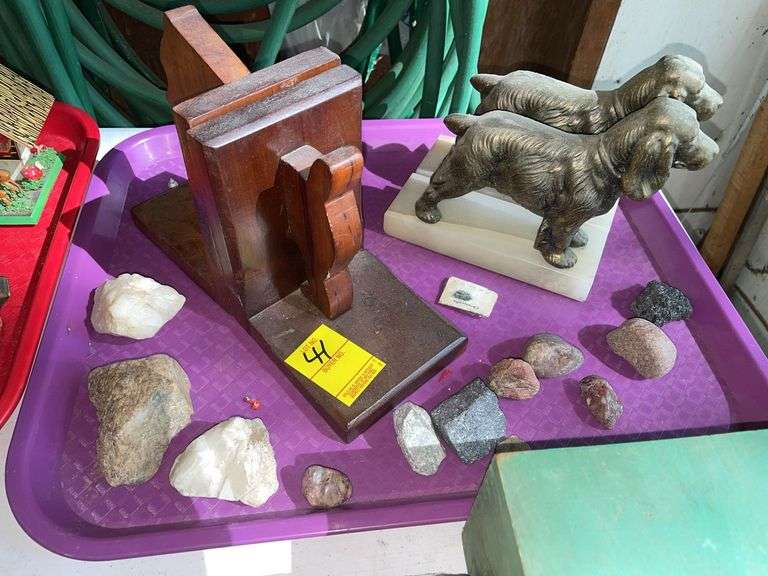 Garage. Book ends and Geo stones.