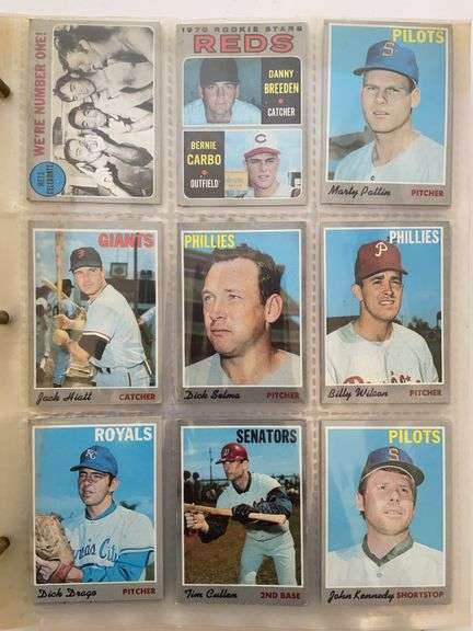 Binder with 1970 and 80s baseball cards and 70s and 80s football cards. As well as hockey and soccer cards. Not all cards were pictured in the photo section, but a very good general overview was documented.