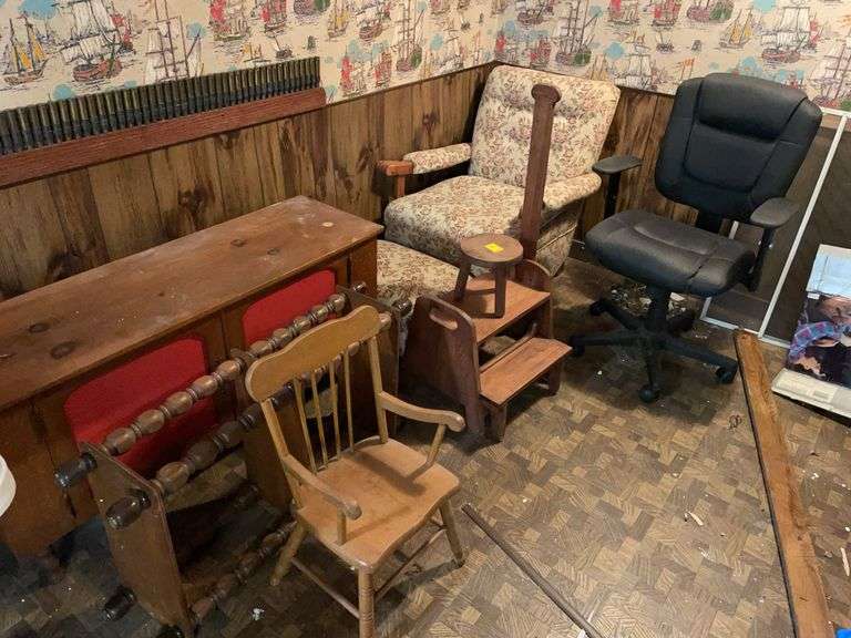 Basement. Corner lot of furniture. Includes children’s chair unique chest. Vintage upholstered chair. Tiny footstool and more.