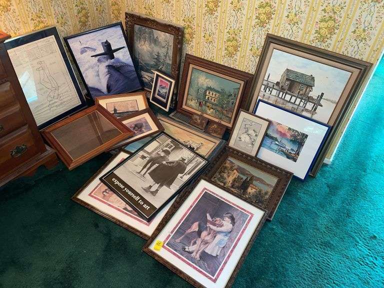 Master bedroom. Large lot of prints and original art. Featuring starving artist oil painting. Watercolor. Prints and more.