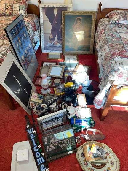 Bedroom. Enormous lot of miscellaneous items. Framed prints. Eureka hand VAC. Iron. Terrarium. Waste baskets. And more.