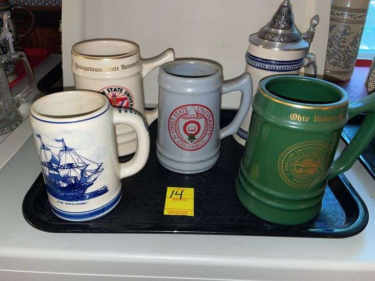Den. Beer Steins. Featuring Youngstown State, Ohio State Allegheny College, Ohio university and the Mayflower.