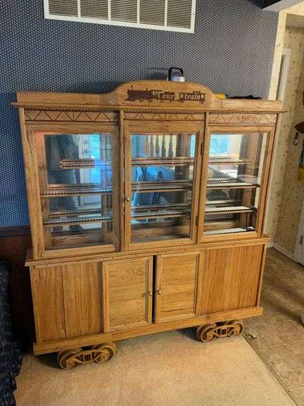 Custom built lit train display curio. 60 x 66 x 9.