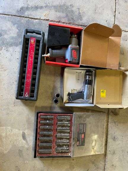 Lot includes two Ingersoll-Rand pneumatic tools with 13 piece standard and 11 piece metric pneumatic sockets