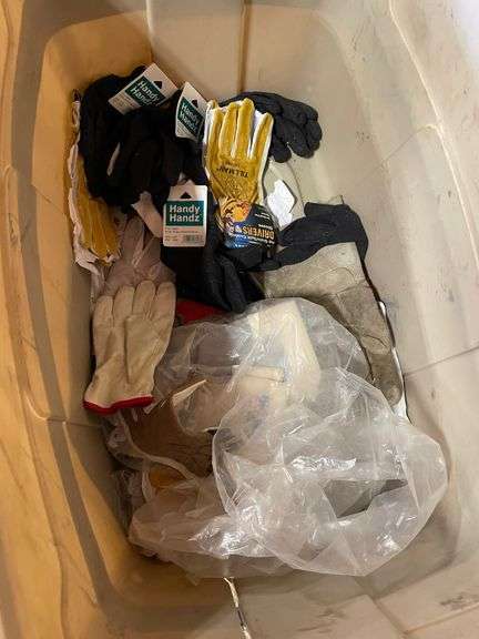 4xl and 3xl unused deluxe coveralls, used cover all and nice selection of new work gloves in tub