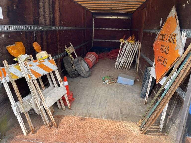 Contents of aluminum cargo box. Road barriers. Snow fence. Tires. Steaks. Track.