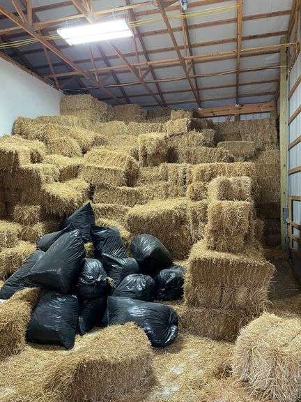 Approximately 400 to 500 straw bales in barn. Appears dry kept in modern garage. Easy loadout does not include anything else.