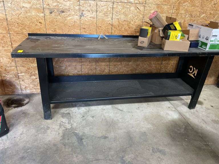 90x26” heavy duty work table by KC. With back splash top and lower shelf with back splash