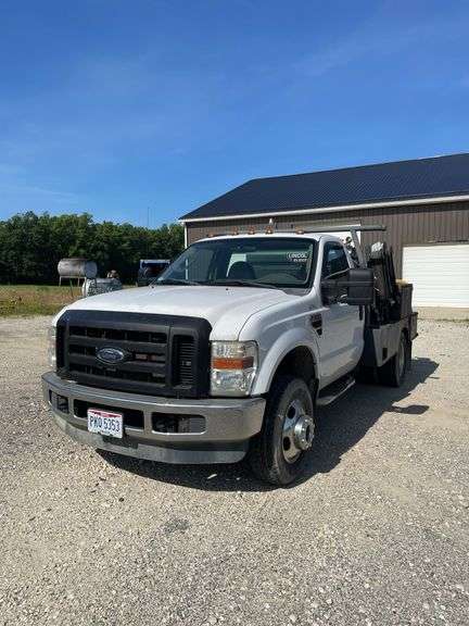 2008 Ford F350 super duty cab. 231,301 miles. Welding truck. 6.8 L Triton V 10 gasoline engine. Manual transmission. Door wheels. Steel flatbed set up for welding rig with toolboxes and vice. Rear hitch. Four-wheel-drive. 13,000 pound GVWR. VIN No. 1FDWF37YXAED29529. Includes Lincoln electric SAE 300 MP welder with accessories and cutting torch/tanks.  -$1,000 Credit Card Deposit. Balance by Cash, Certified Check or ACH within 48 hours after sale. (We drove this approx 5 miles from other site. Ready to work)
