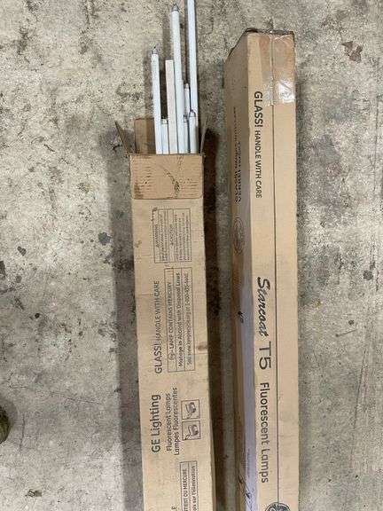 One box of sealed, GET5 fluorescent lamps and one open box with miscellaneous.