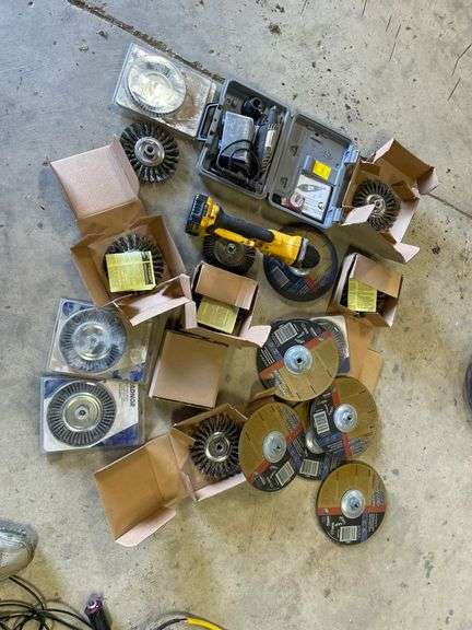 DeWalt cordless hand grinder which works and Dremel 3000 tool. Includes nice lot of wire wheels and grinding wheels.