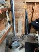 Nice lot of black pipe, track, boards, plow discs misc