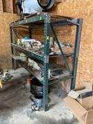 heavy duty four post shelving unit 78 inches tall by 110 inches wide by 36 inches deep. This shelving unit is bent in one section but appears to be holding fast. You will need to coordinate the removal of the contents of the shelving unit.
