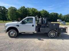 2008 Ford F350 super duty cab. 231,301 miles. Welding truck. 6.8 L Triton V 10 gasoline engine. Manual transmission. Door wheels. Steel flatbed set up for welding rig with toolboxes and vice. Rear hitch. Four-wheel-drive. 13,000 pound GVWR. VIN No. 1FDWF37YXAED29529. Includes Lincoln electric SAE 300 MP welder with accessories and cutting torch/tanks.  -$1,000 Credit Card Deposit. Balance by Cash, Certified Check or ACH within 48 hours after sale. (We drove this approx 5 miles from other site. Ready to work)