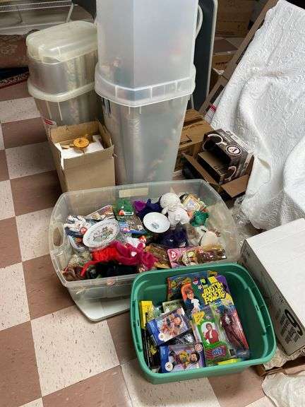 Large lot of beanie babies, includes two wrapping paper, tubs, toy, windmill.