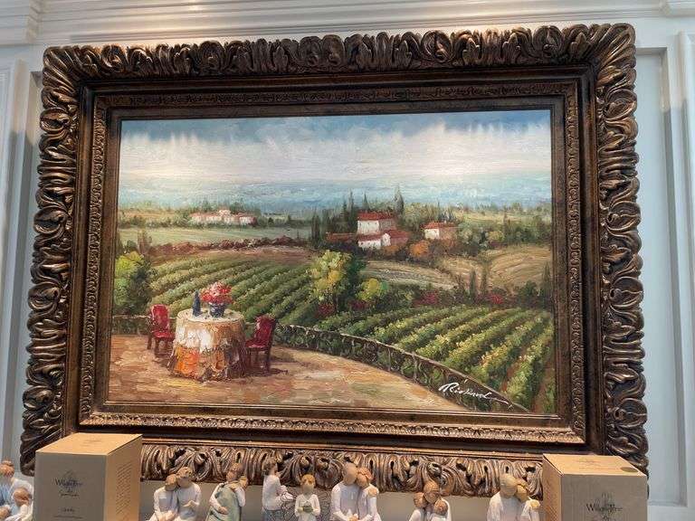 Living room. Approximately 48 x 36” oil on canvas painting of Italian countryside with ornate frame.