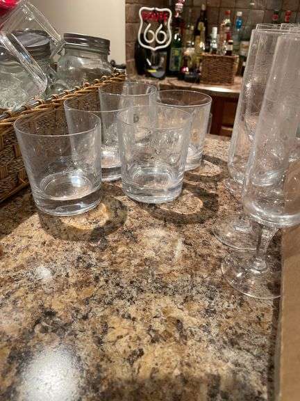 Basement. Wine glasses, high ball glasses, and miscellaneous glassware.