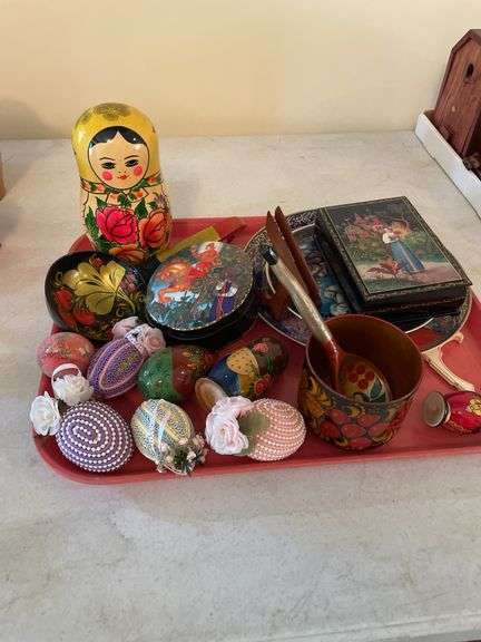 Entryway. Russian themed decor. Featuring Russian doll. Pusunki eggs.. Orthodox style art.