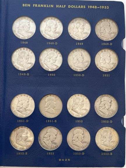 Franklin half dollar booklet. Contains 33 Franklin half dollars and five JFK half dollars. See photos for details.-NO SALES TAX