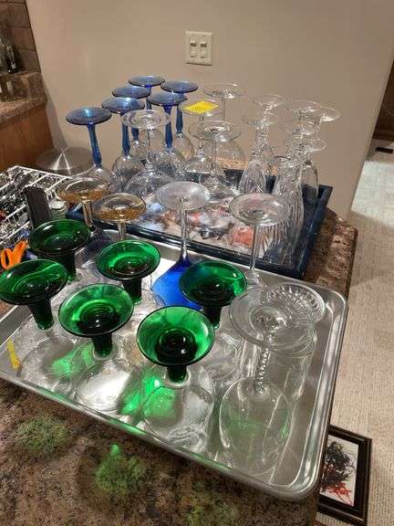 Basement. Two trays of stemware including crystal wine glasses