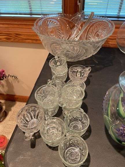 Punch bowl with miscellaneous cups and glass ￼