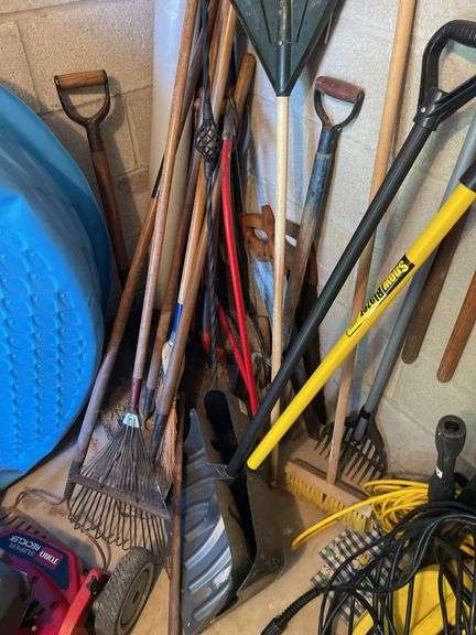 All hand tools in corner of garden room. Nice pitchfork, shovels, great items. All for one money.