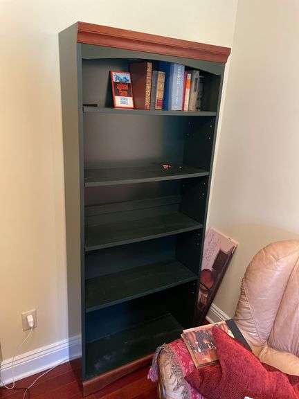 Den. Bookshelf. Green finish; Approximately 73 inches tall and 30 inches wide. Well made and contains a few classic books.
