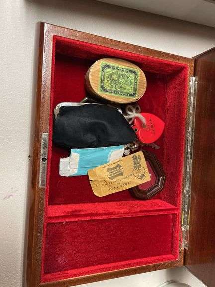 Ornate inlaid  box includes miscellaneous.