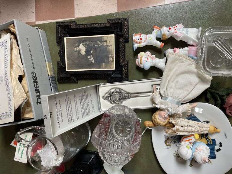 Table top of vintage items includes coffee maker, shadowbox, take what you want leave the rest.
