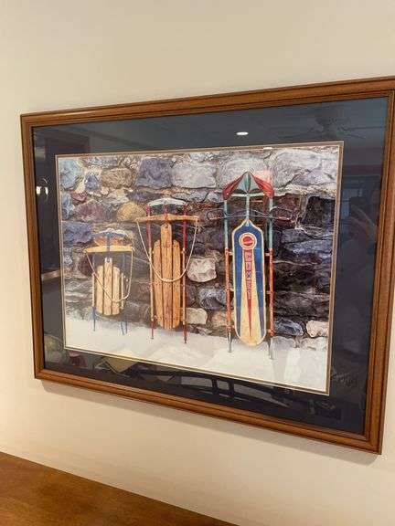 Sled print framed and matted under glass approximately 34 inches wide