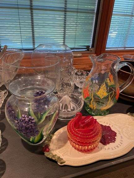 Nice lot￼ of glass, including vintage, lemon juicer, and hand painted pitcher.
