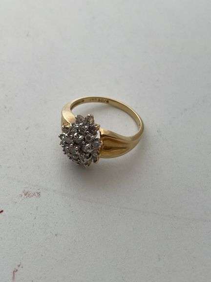 Ladies ring. Engraved 14 K. Test tested positive for diamonds. Total weight 4.7 g.