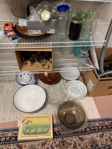 Lot of mason jars and lids, miscellaneous glass. Also include includes large serving and sauce bowls.