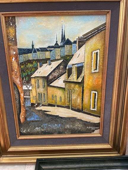 Living room. Four framed pieces of art including tile