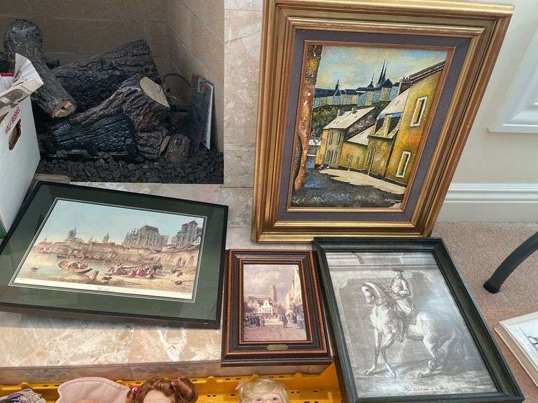 Living room. Four framed pieces of art including tile