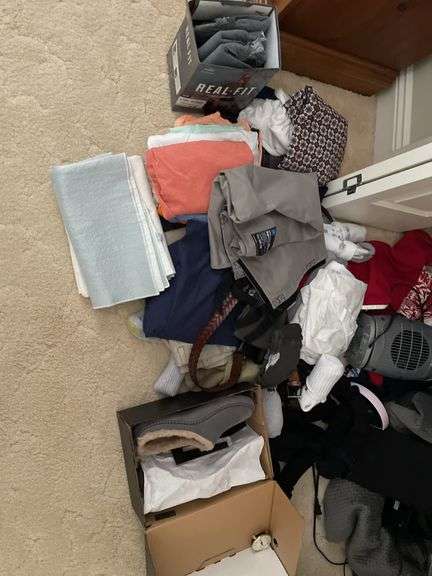 Bedroom. Contents of bedroom closet. Men’s clothing, extra large shirts, polos and button ups suit jackets, mostly size 48. Some linens, shoes, pillows, miscellaneous.