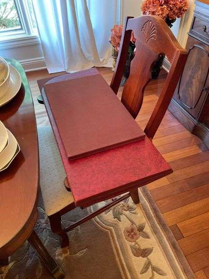 Dining room. Dining room table with leaf and cover. Includes six matching chairs. Only One captains chair.. Not including contents. Chairs may be different maker than table.