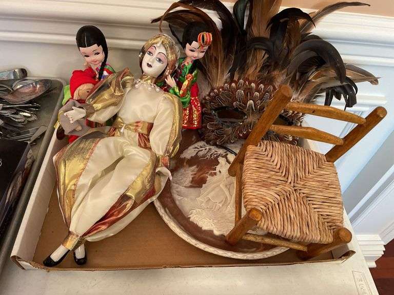 Dining room. Asian style dolls. Wedgewood style plate. Masquerade mask, and mini chair.