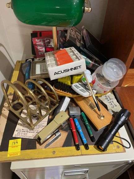 Office lamp and miscellaneous includes three small fountain pens.