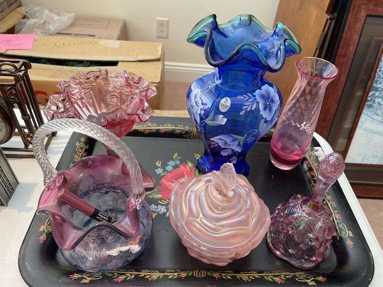 Living room. Tray of colored glass featuring Fenton.