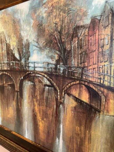 Dining. 38 x 31” framed print of Dutch Canal.