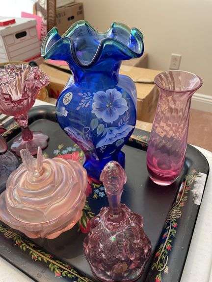 Living room. Tray of colored glass featuring Fenton.