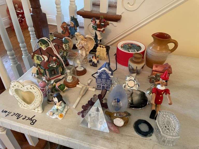 Entryway. Large lot of collectibles and decor. Includes Disney & Pottery